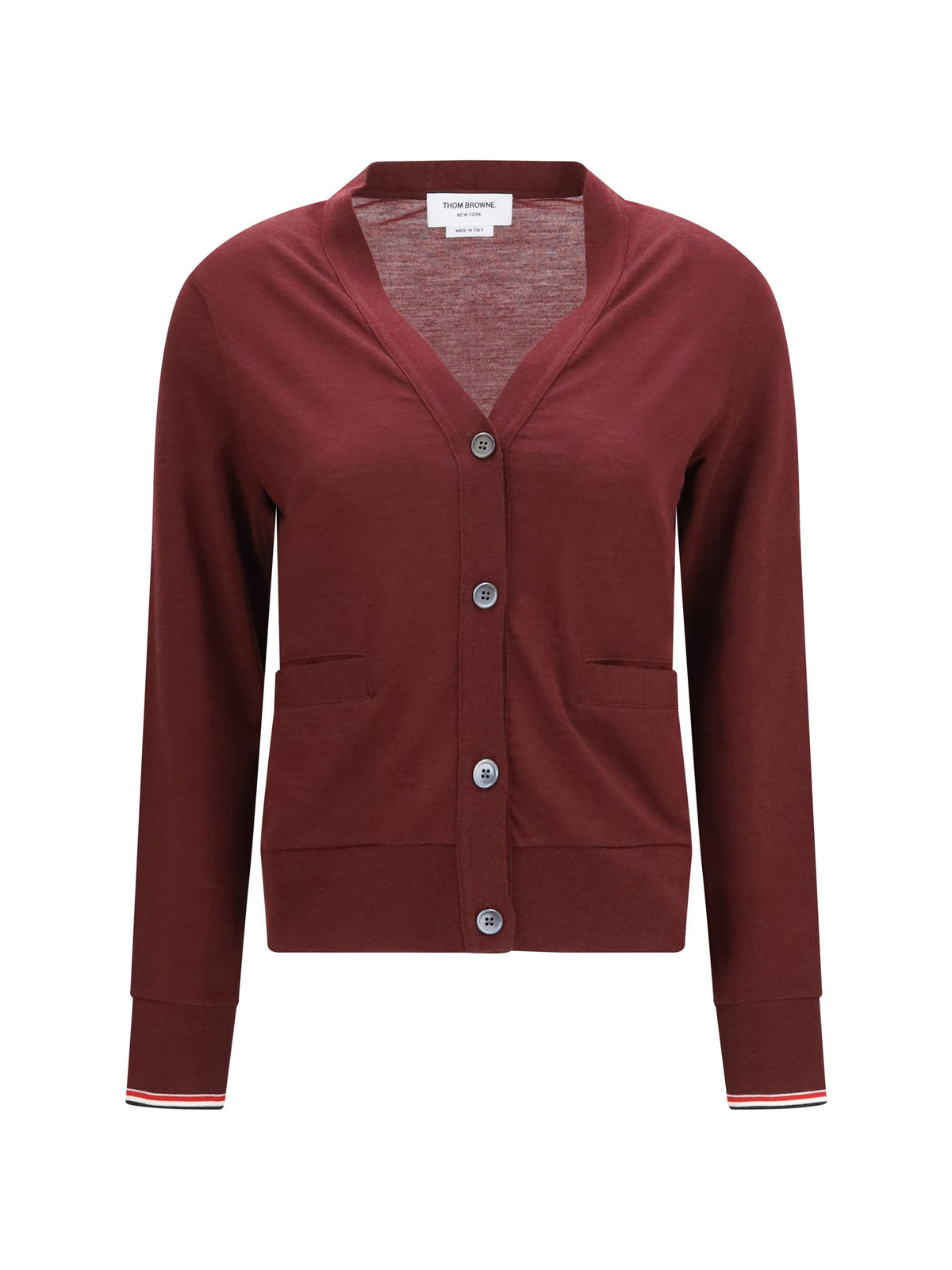 Thom Browne Merino Wool V-Neck Cardigan — Burgundy