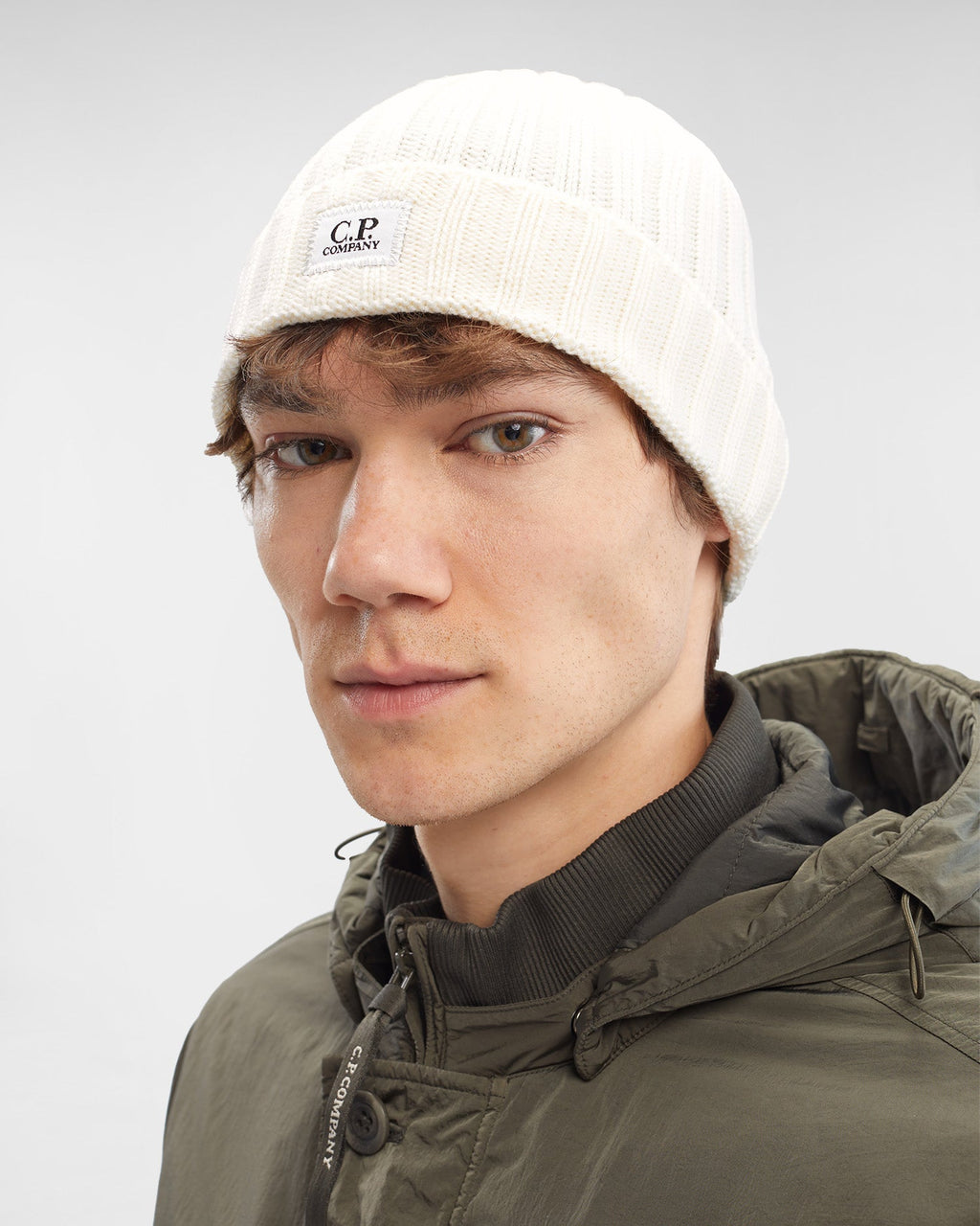 Extra Fine Merino Wool Logo Beanie Gauze White