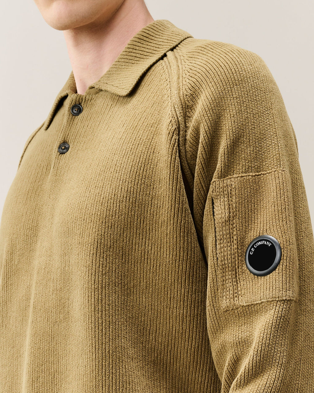 C.P. Company Chenille Cotton Lens Polo Sweater in Ermine - Beige