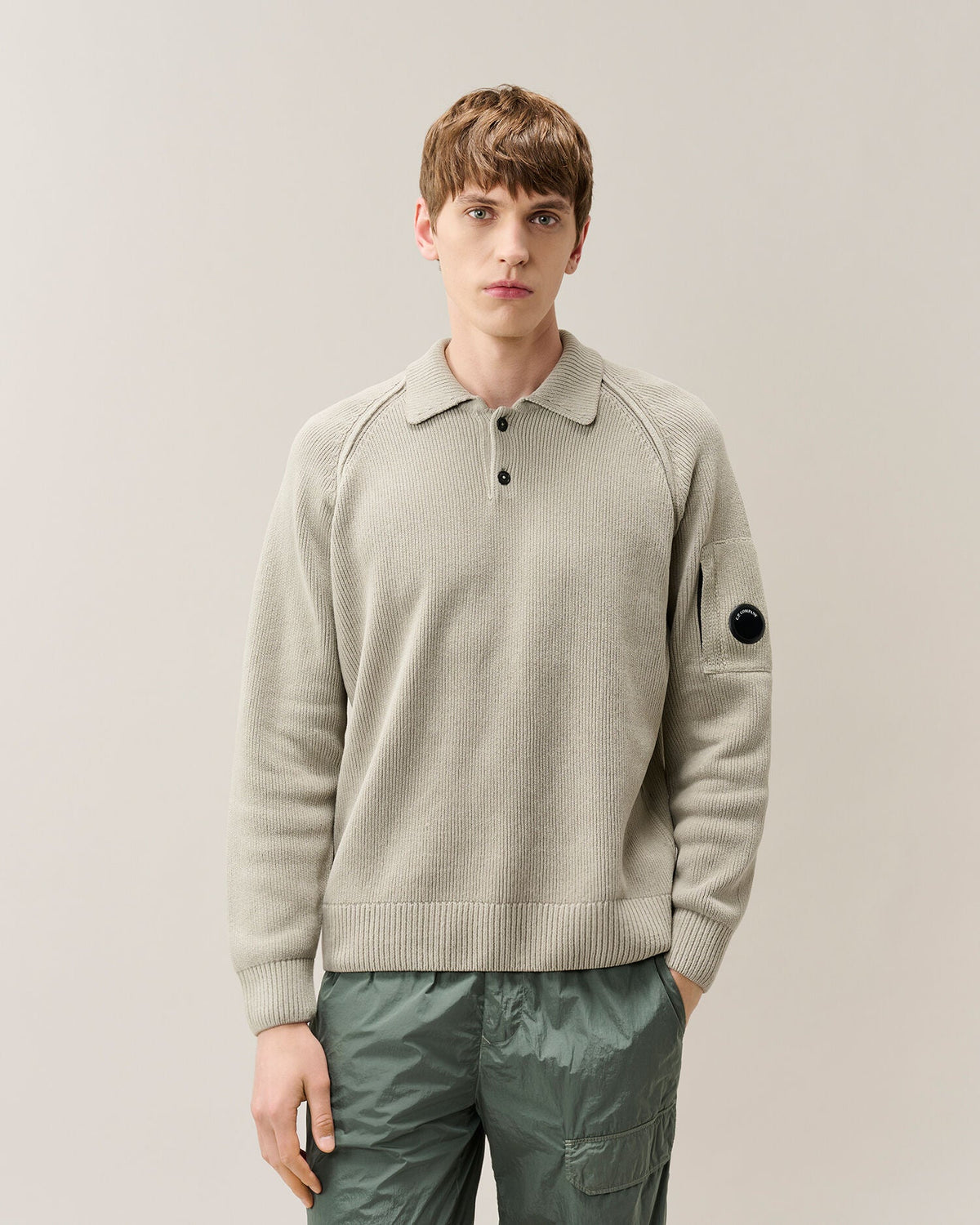 C.P. Company Chenille Cotton Lens Polo Sweater in Flint Grey