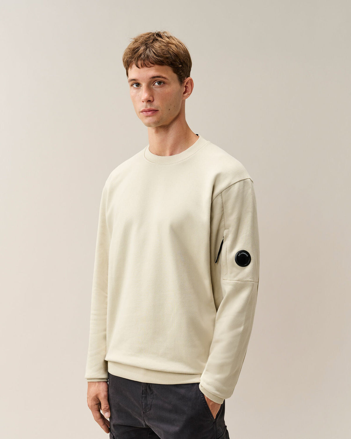C.P. Company Diagonal Raised Fleece Crewneck Lens Sweatshirt in Silver Birch