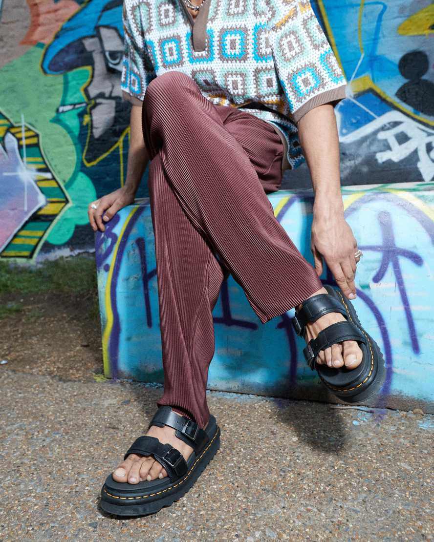 Unisex Myles Brando Leather Buckle Slide Sandals Black