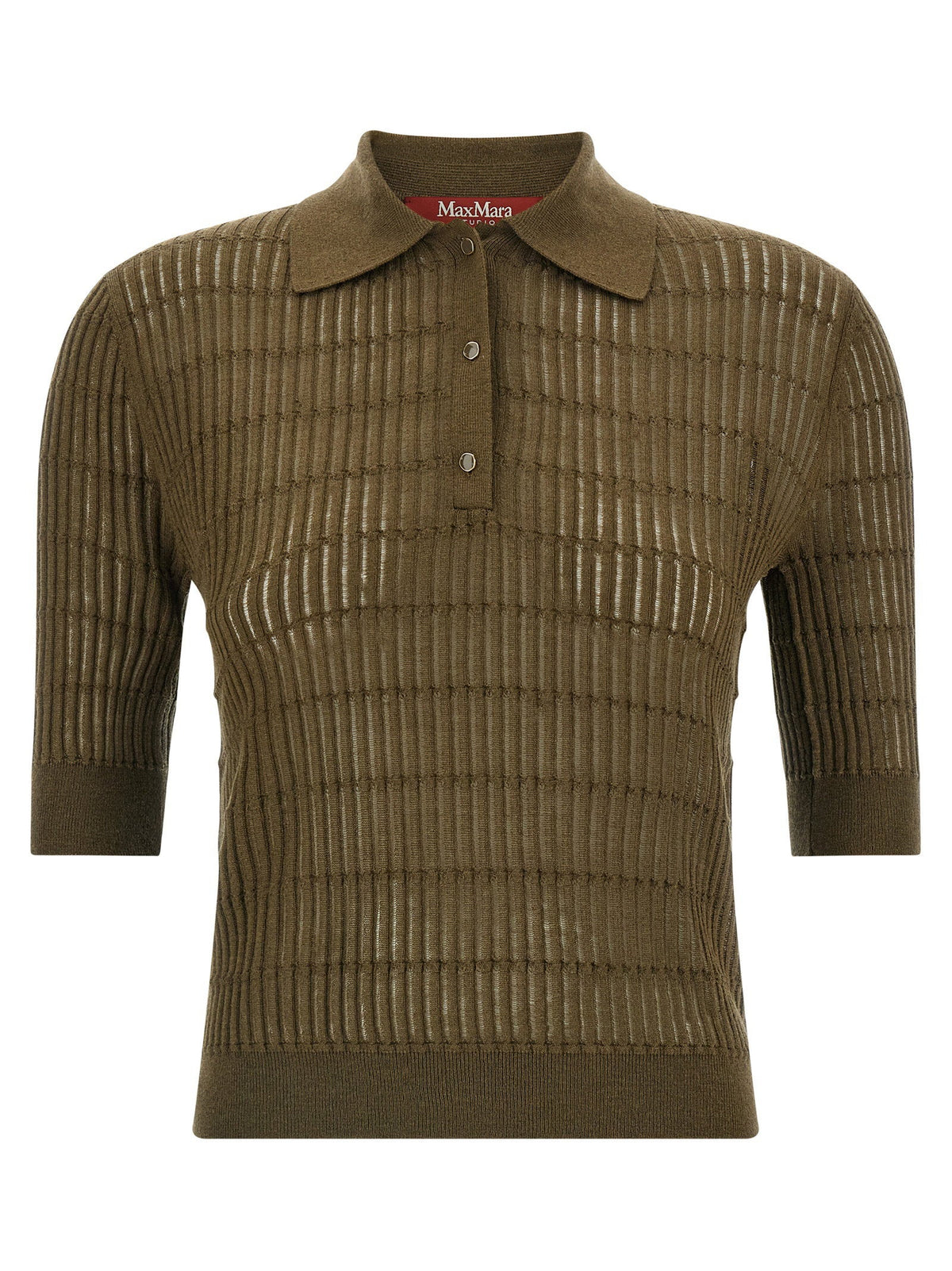 Max Mara Studio Ribbed Wool-Silk Knit Polo Shirt — Olive