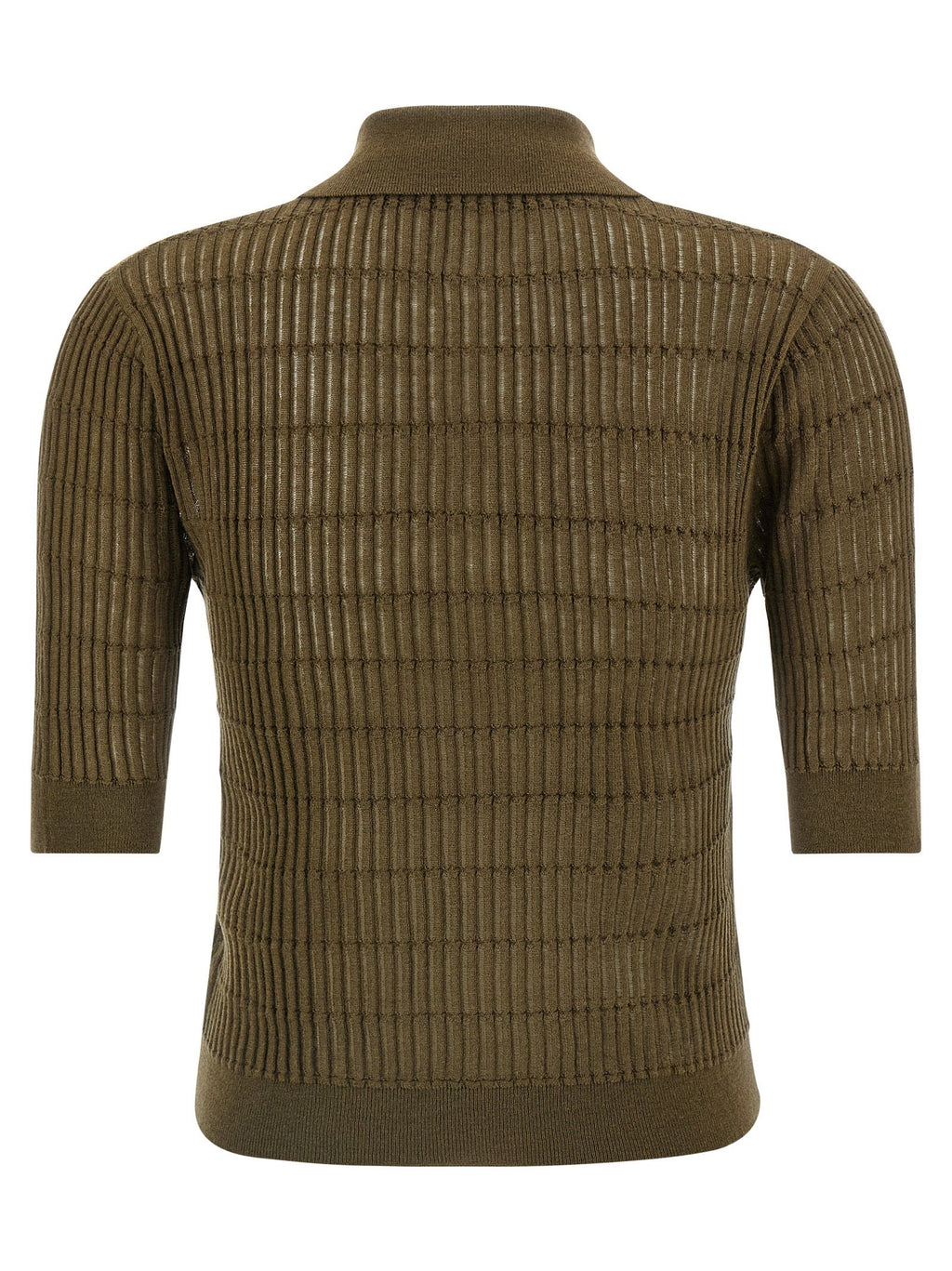 Max Mara Studio Ribbed Wool-Silk Knit Polo Shirt — Olive