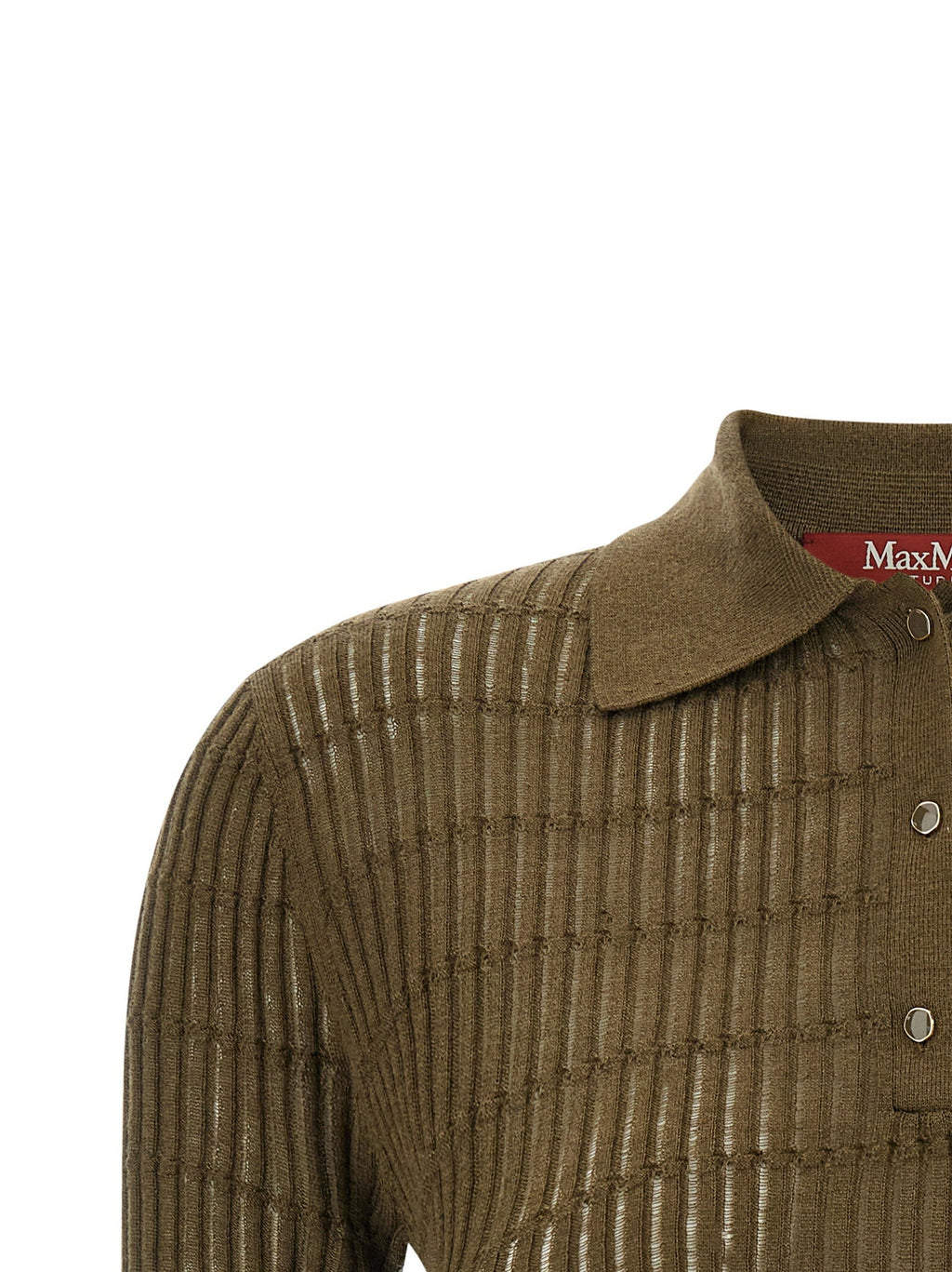Max Mara Studio Ribbed Wool-Silk Knit Polo Shirt — Olive