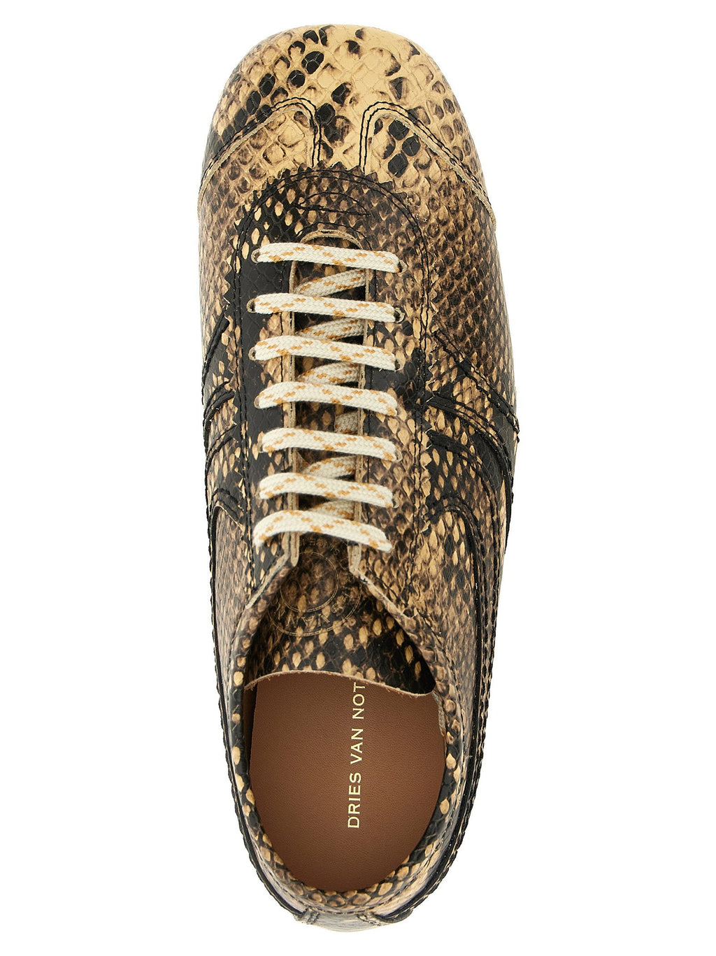 Dries Van Noten Snake Print Calf Leather Sneakers — Beige
