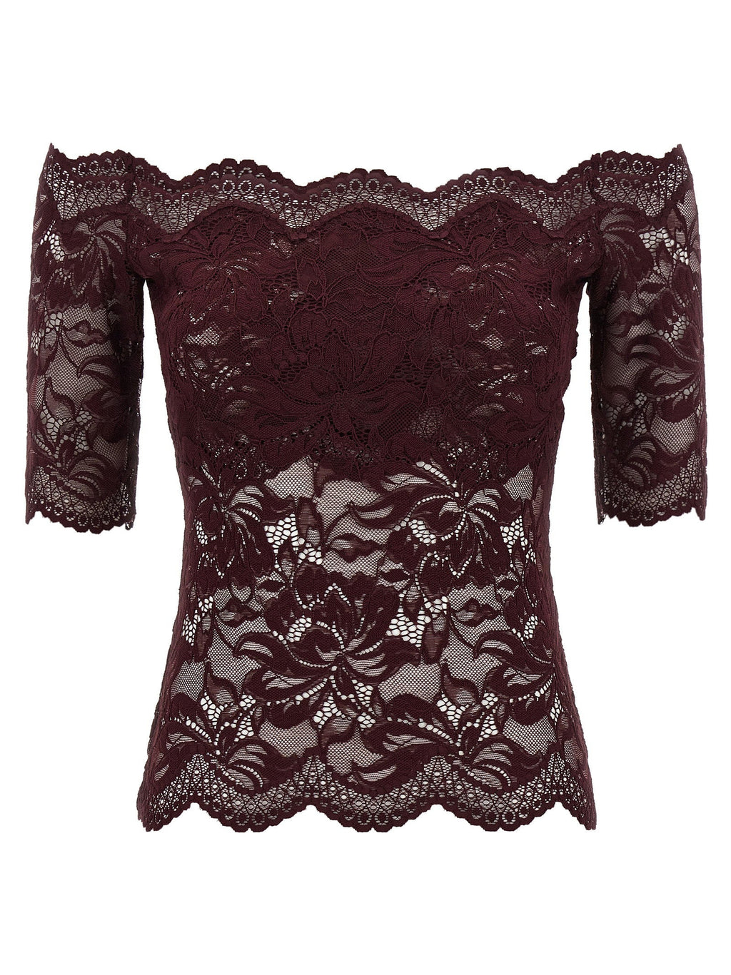 Paco Rabanne Floral Lace Off-the-Shoulder Blouse — Burgundy