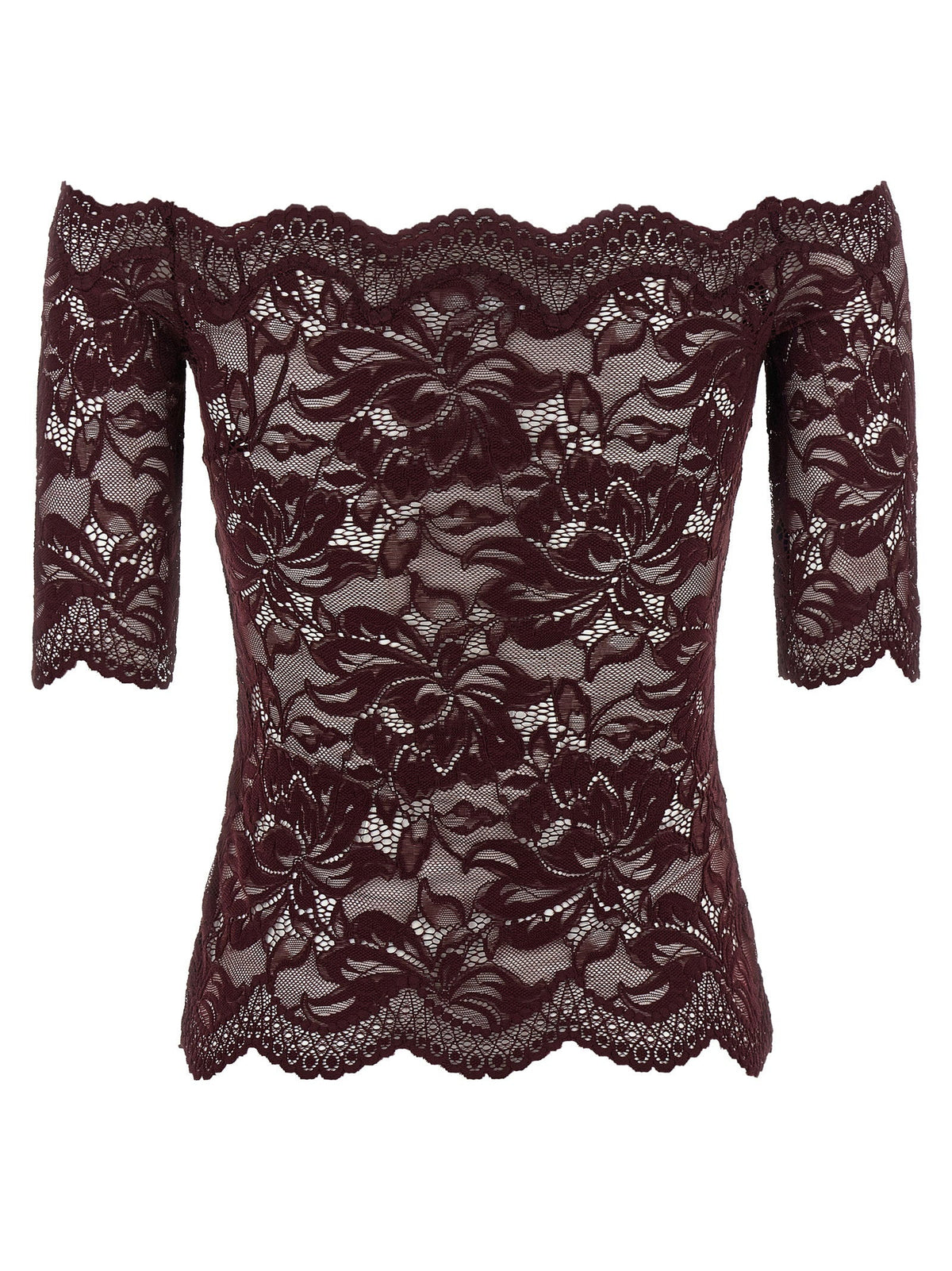 Paco Rabanne Floral Lace Off-the-Shoulder Blouse — Burgundy