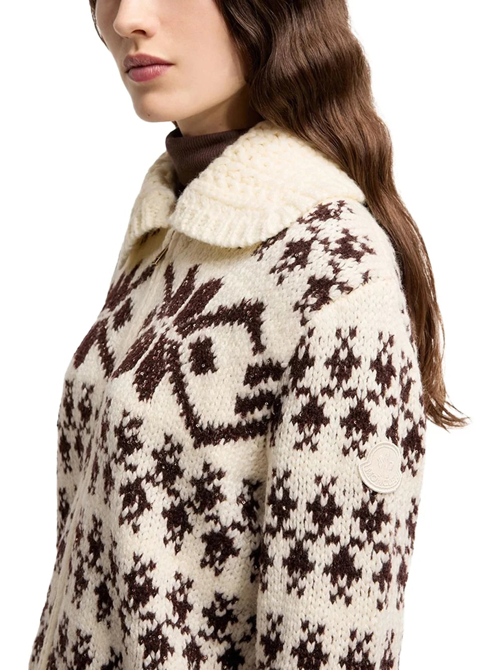 Moncler Jacquard Knit with Crochet Collar Cardigan — Ivory