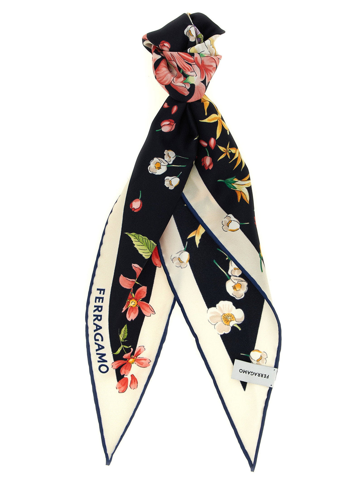 Ferragamo Floral-Print Silk Diamond Scarf — Black