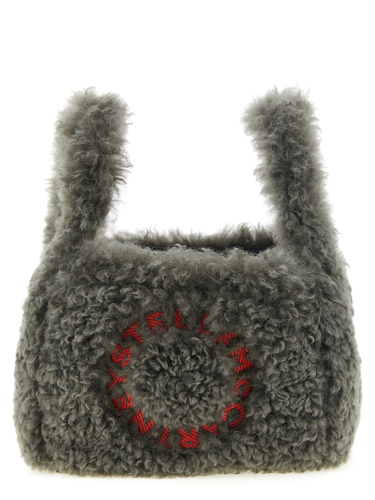 Stella Mccartney Shearling Logo Embroidered Shoulder Bag — Gray