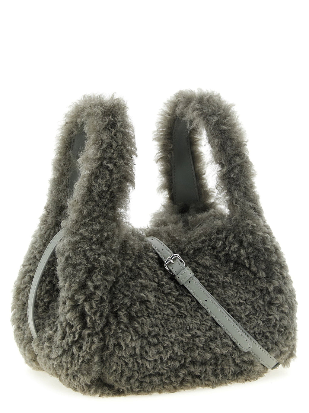 Stella Mccartney Shearling Logo Embroidered Shoulder Bag — Gray