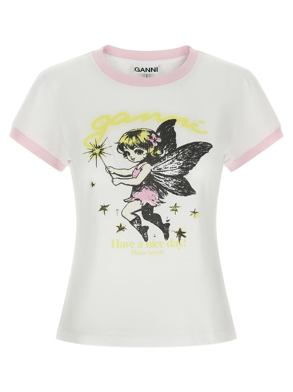 Ganni Fairy-Print Cotton T-shirt — Cream