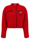 Chloé Embroidered Logo Wool and Cashmere Cardigan — Red