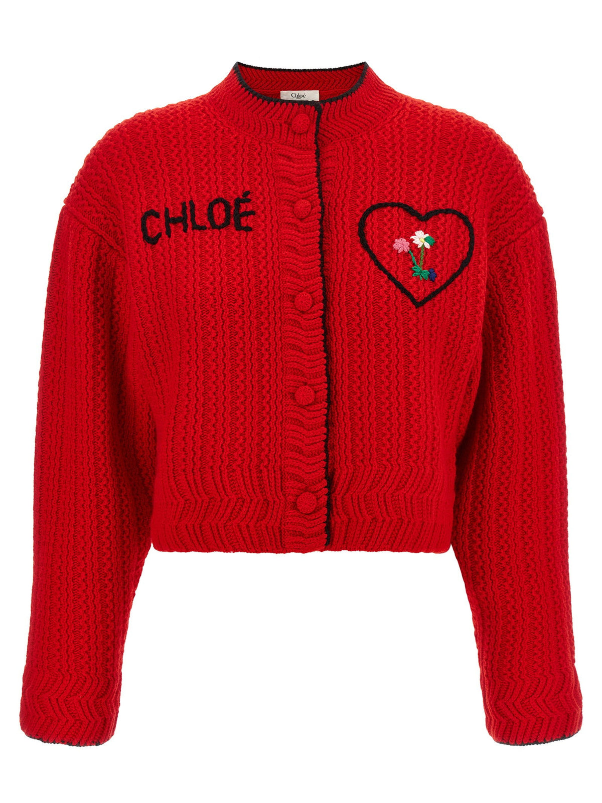 Chloé Embroidered Logo Wool and Cashmere Cardigan — Red