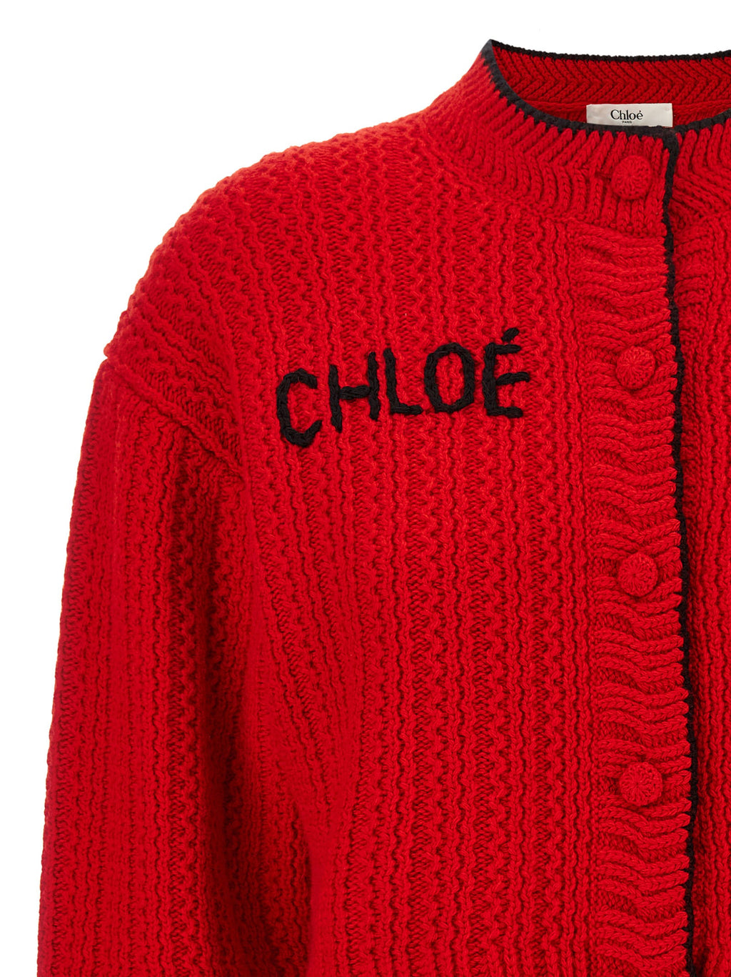 Chloé Embroidered Logo Wool and Cashmere Cardigan — Red