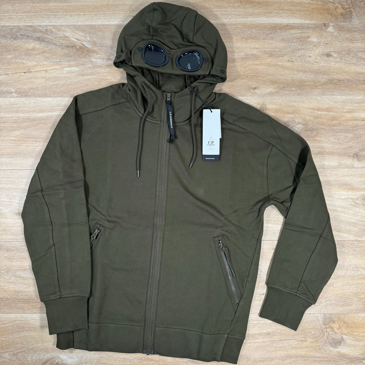 C.P. Company Diagonal Raised Fleece Goggle Hoodie in Ivy Green