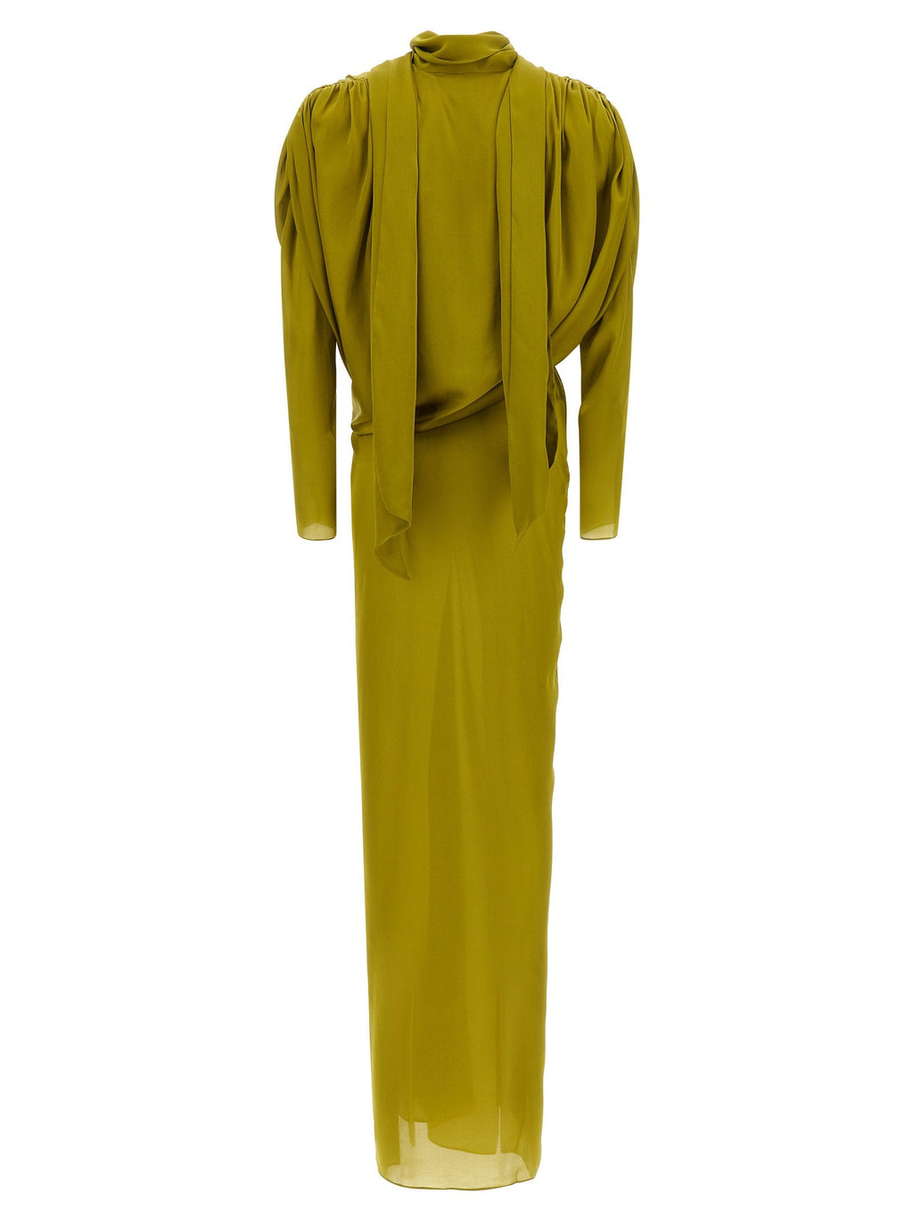 Balmain Draped Silk with Knotted Detail Dress — Olive