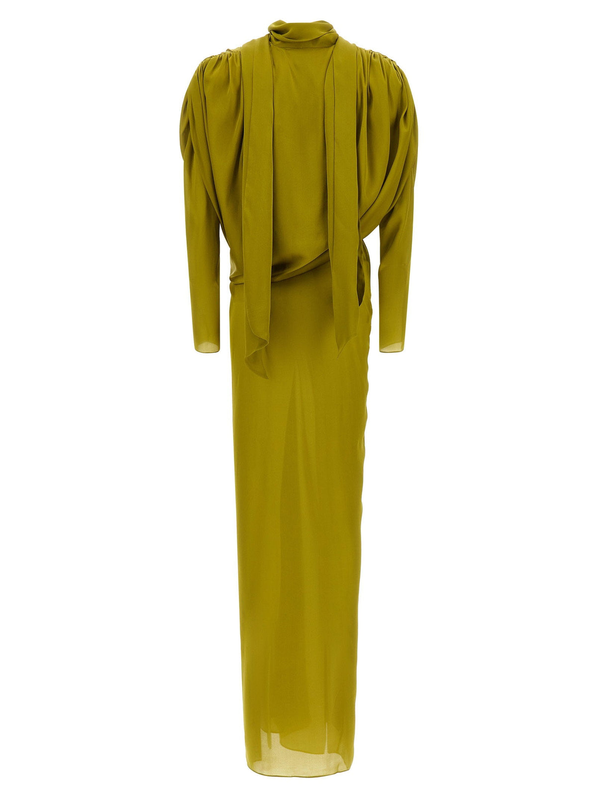 Balmain Draped Silk with Knotted Detail Dress — Olive