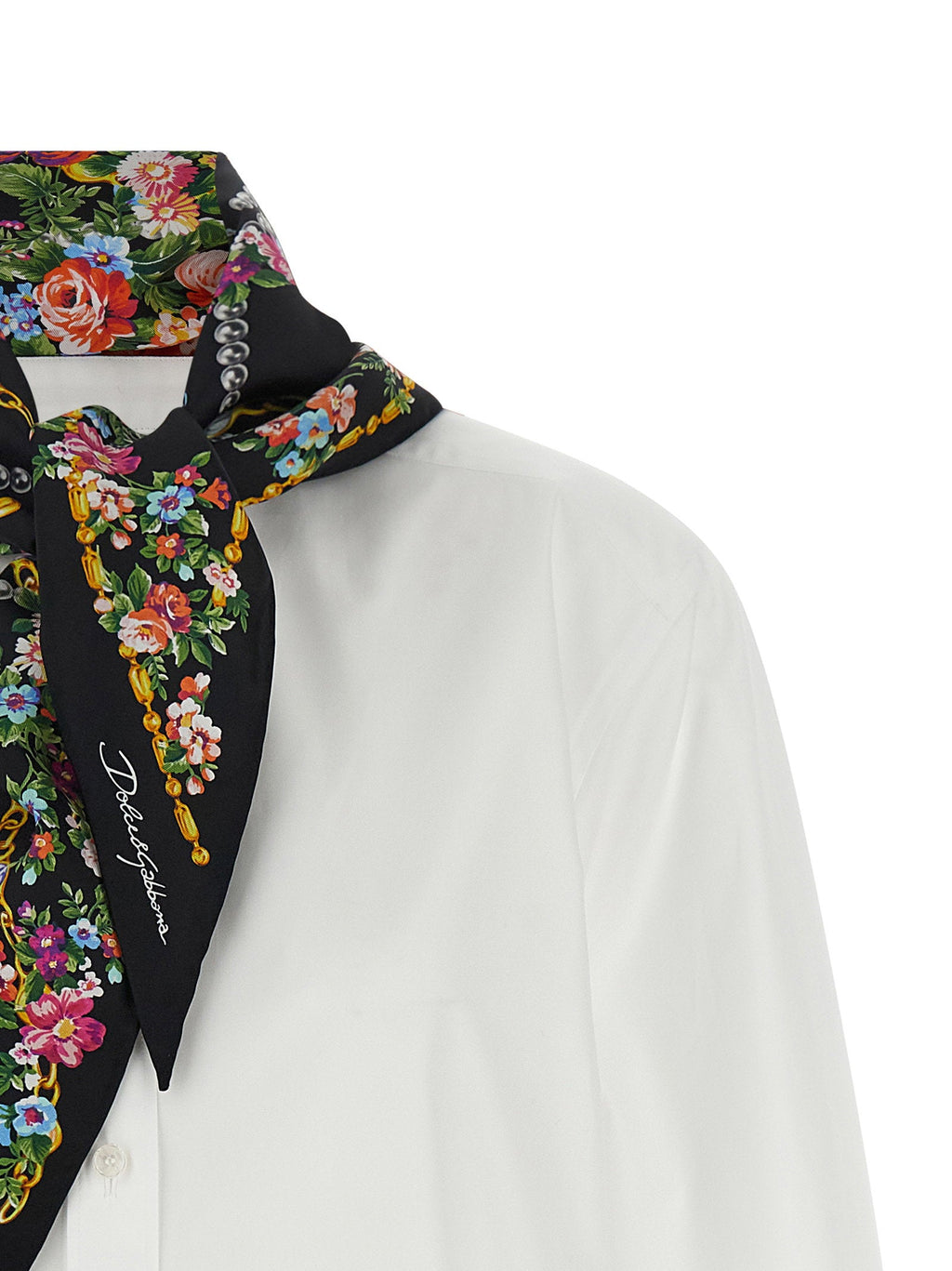 Dolce & Gabbana Cotton Poplin with Patterned Silk Scarf Shirt — White