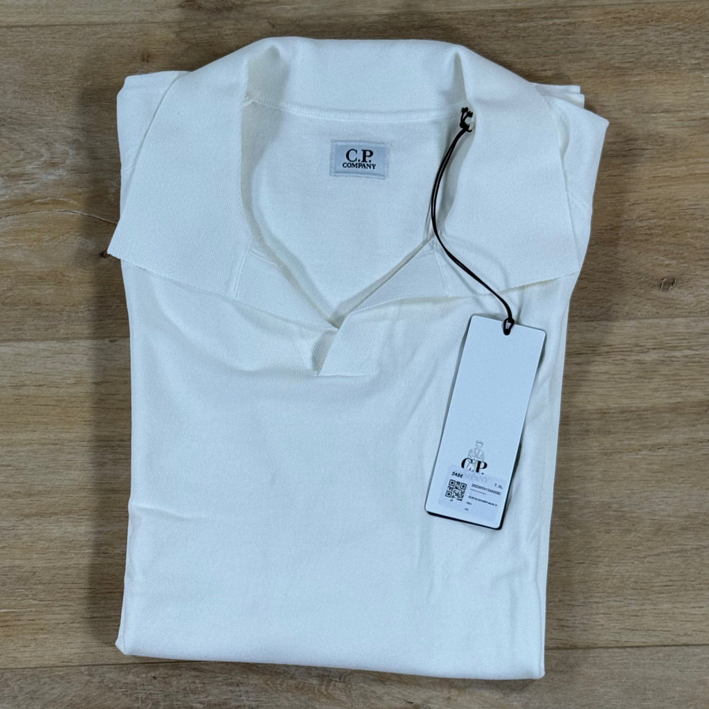 C.P. Company Cotton Crepe Short Sleeve Polo Sweater in Gauze White