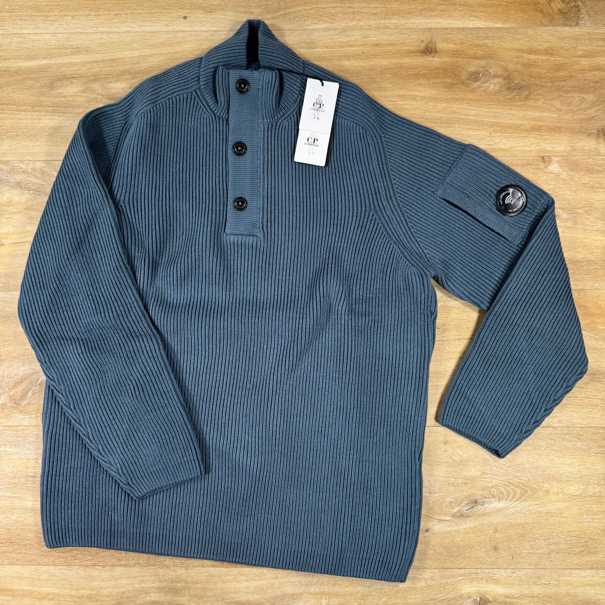 C.P. Company Full Rib Cotton Half Button Lens Sweater in Orion Blue