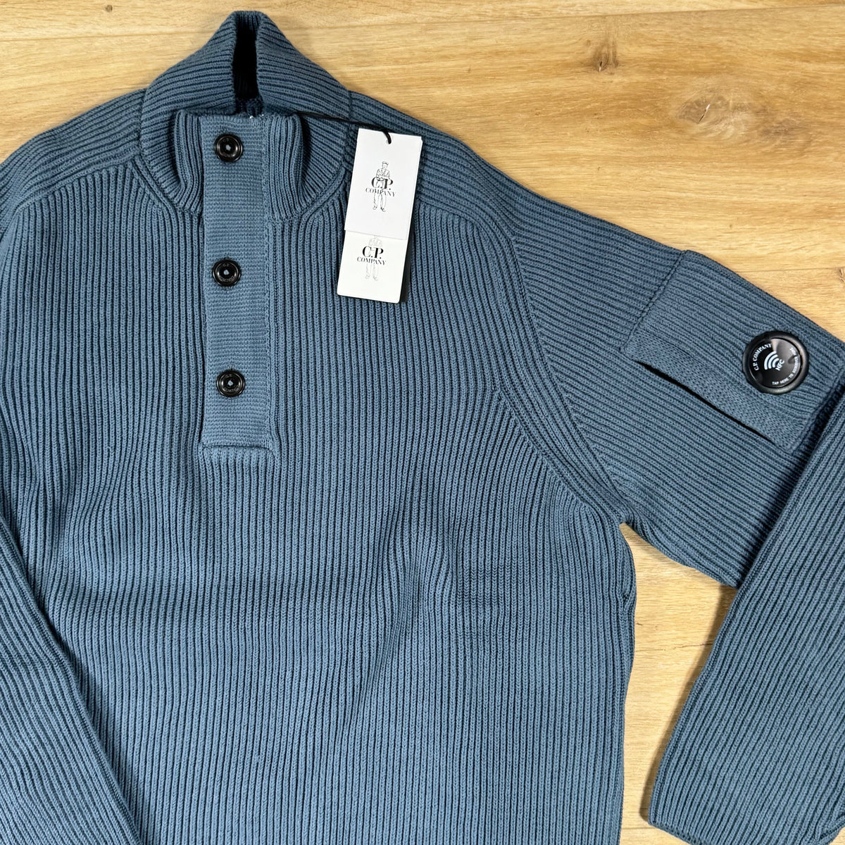 C.P. Company Full Rib Cotton Half Button Lens Sweater in Orion Blue