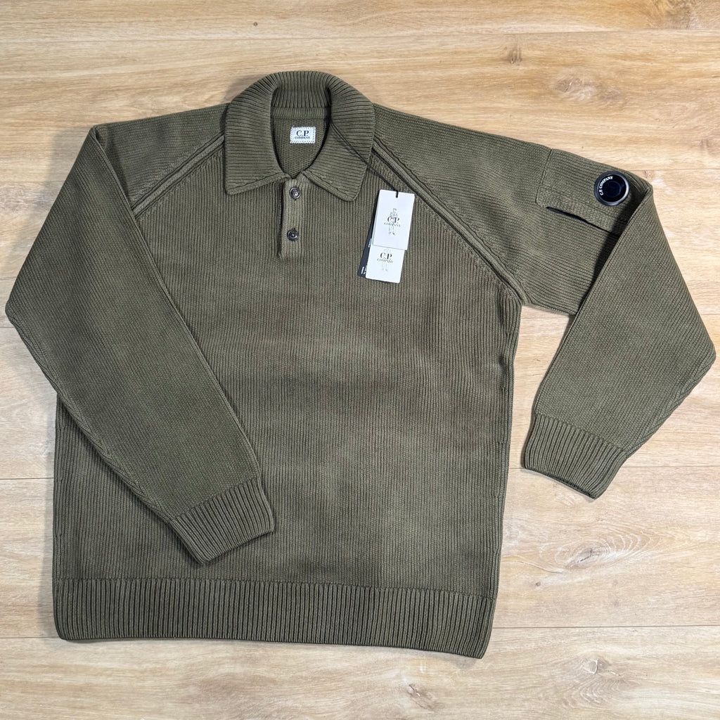 C.P. Company Chenille Cotton Lens Polo Sweater in Ivy Green