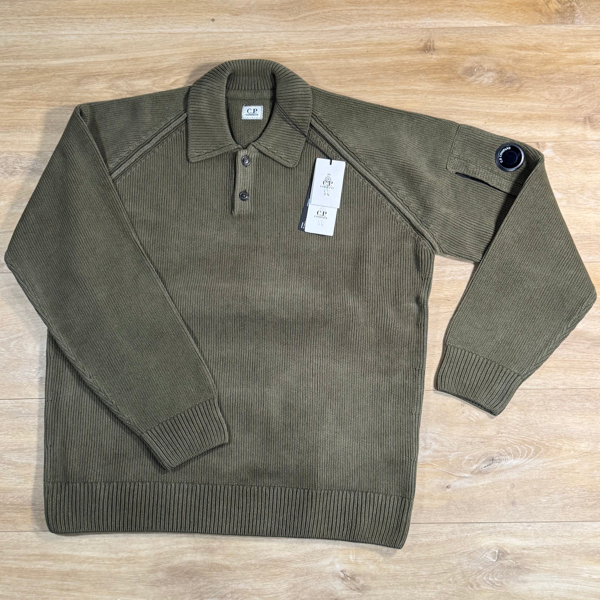 C.P. Company Chenille Cotton Lens Polo Sweater in Ivy Green