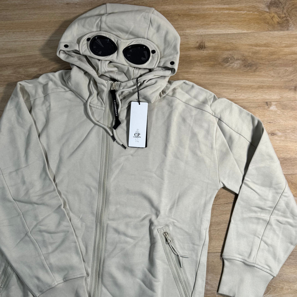 C.P. Company Diagonal Raised Fleece Goggle Hoodie in Silver Birch