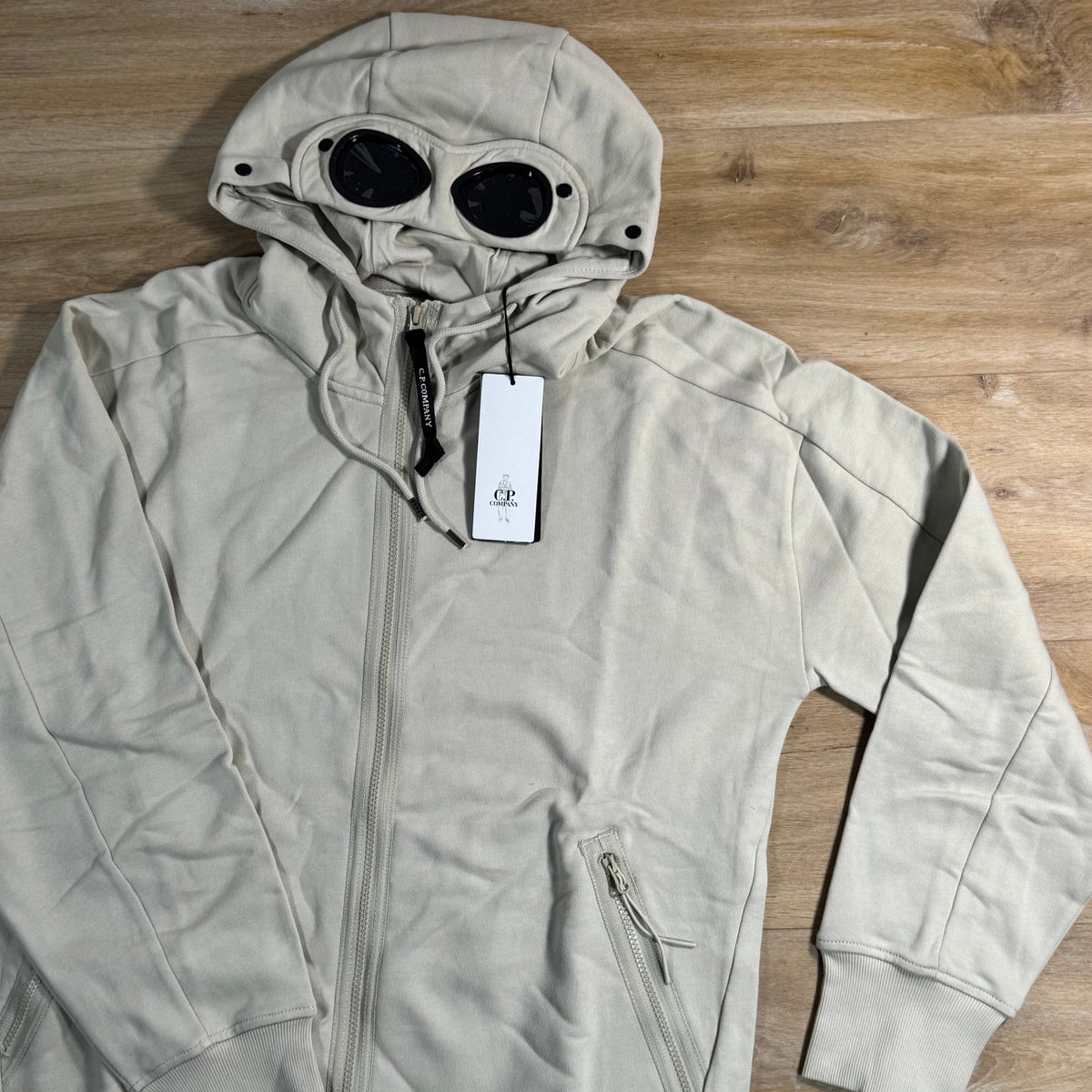 C.P. Company Diagonal Raised Fleece Goggle Hoodie in Silver Birch