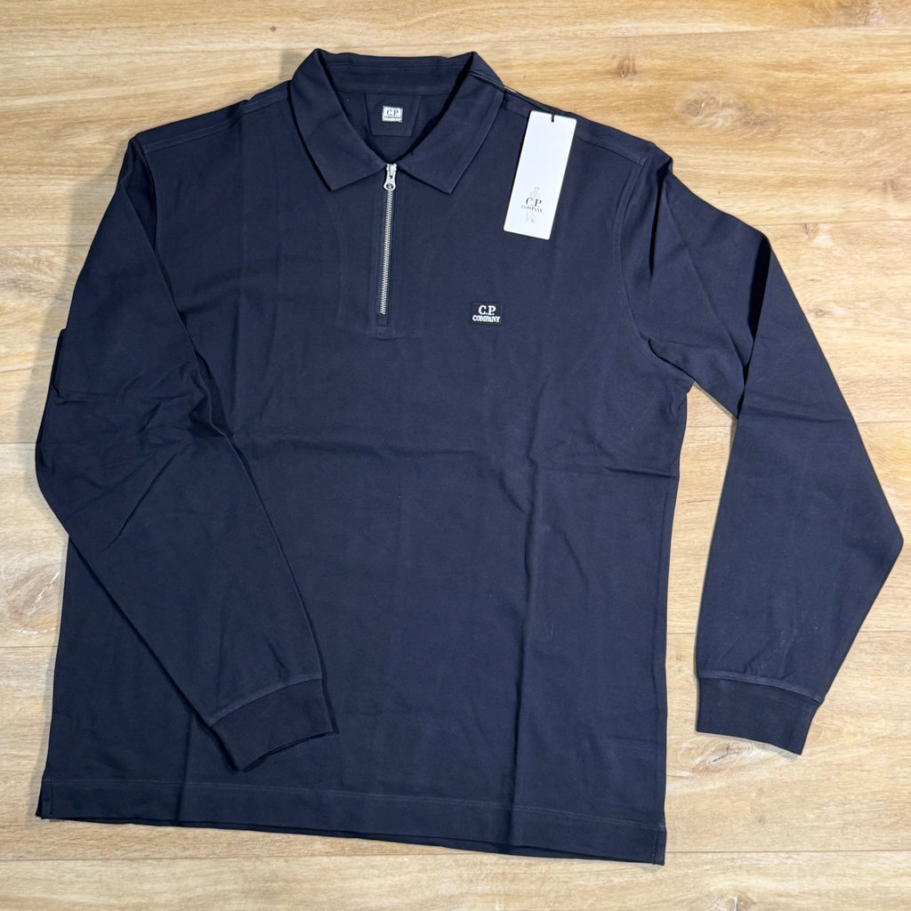 C.P. Company Stretch Piquet Long Sleeve Zip Polo in Navy
