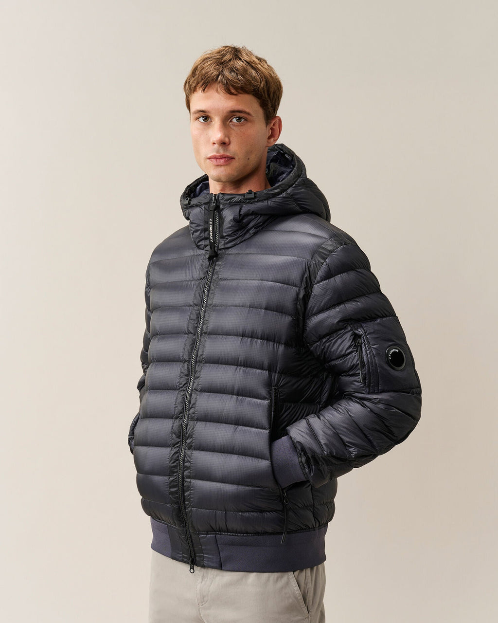C.P. Company D.D. Shell Hooded Lens Down Jacket in Navy