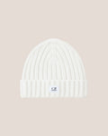C.P. Company Extra Fine Merino Wool Logo Beanie in Gauze White