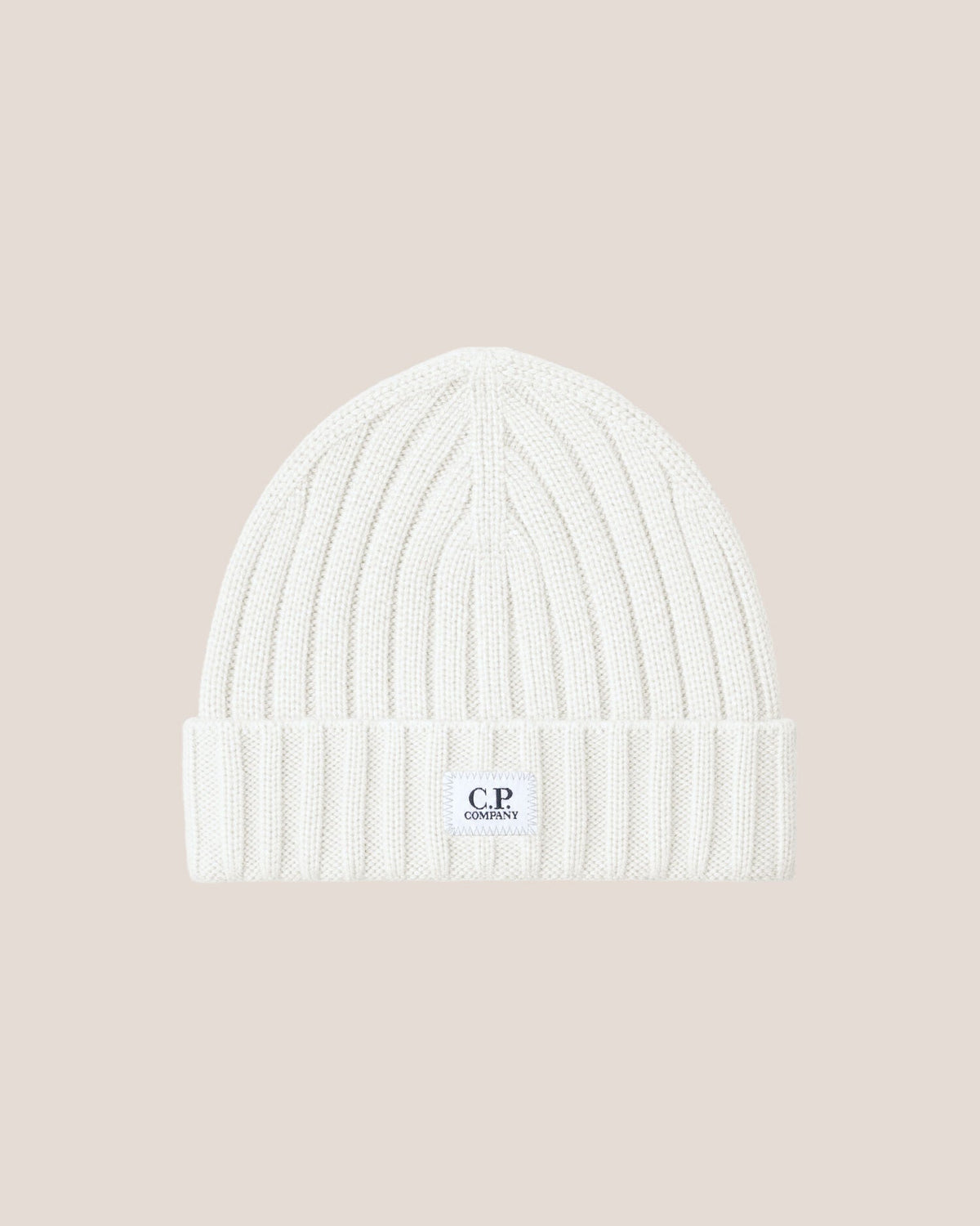 C.P. Company Extra Fine Merino Wool Logo Beanie in Gauze White