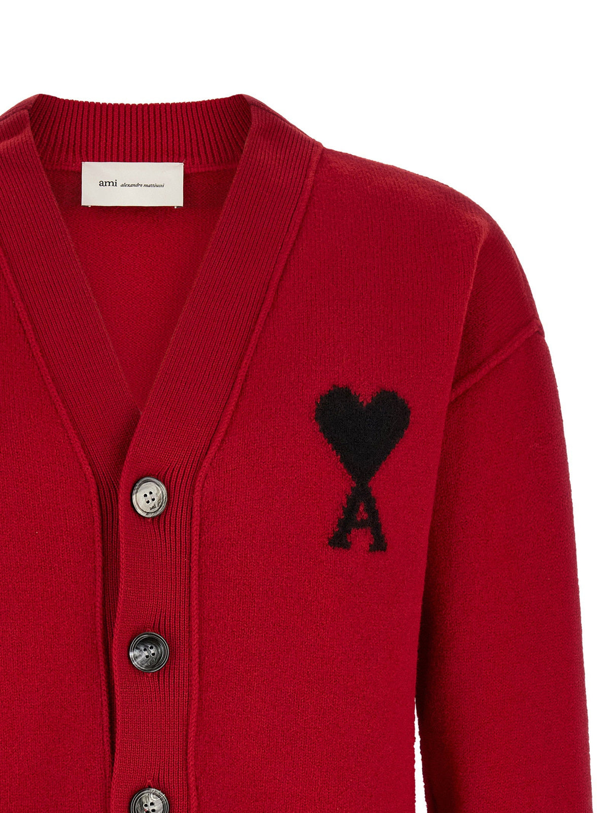 Ami Paris Embroidered Merino Wool Cardigan — Red