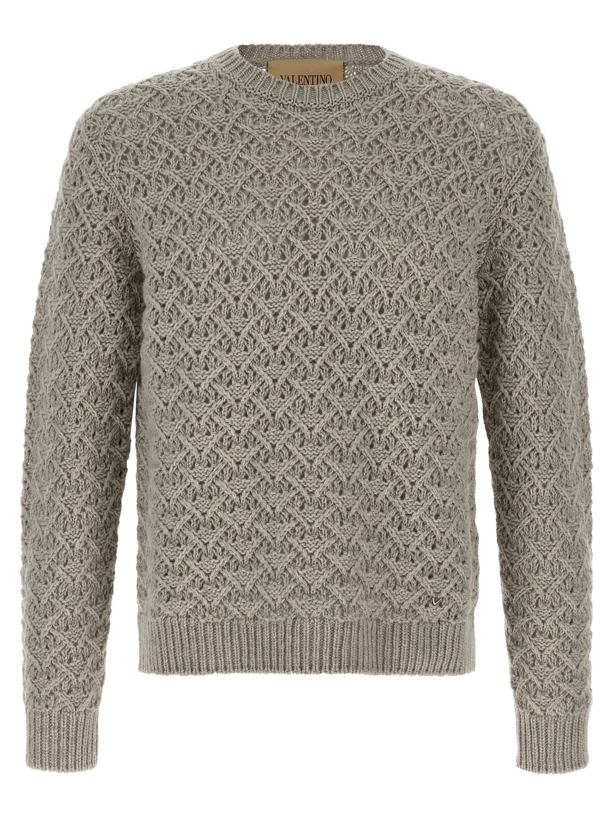 Valentino Garavani Openwork Diamond-Knit Virgin Wool Sweater — Beige