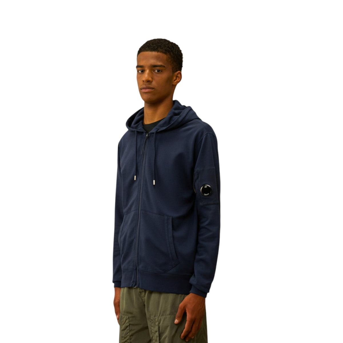 C.P. Company, Zip Hoodie aus leichtem Fleece, mit Lens-Detail, navy.